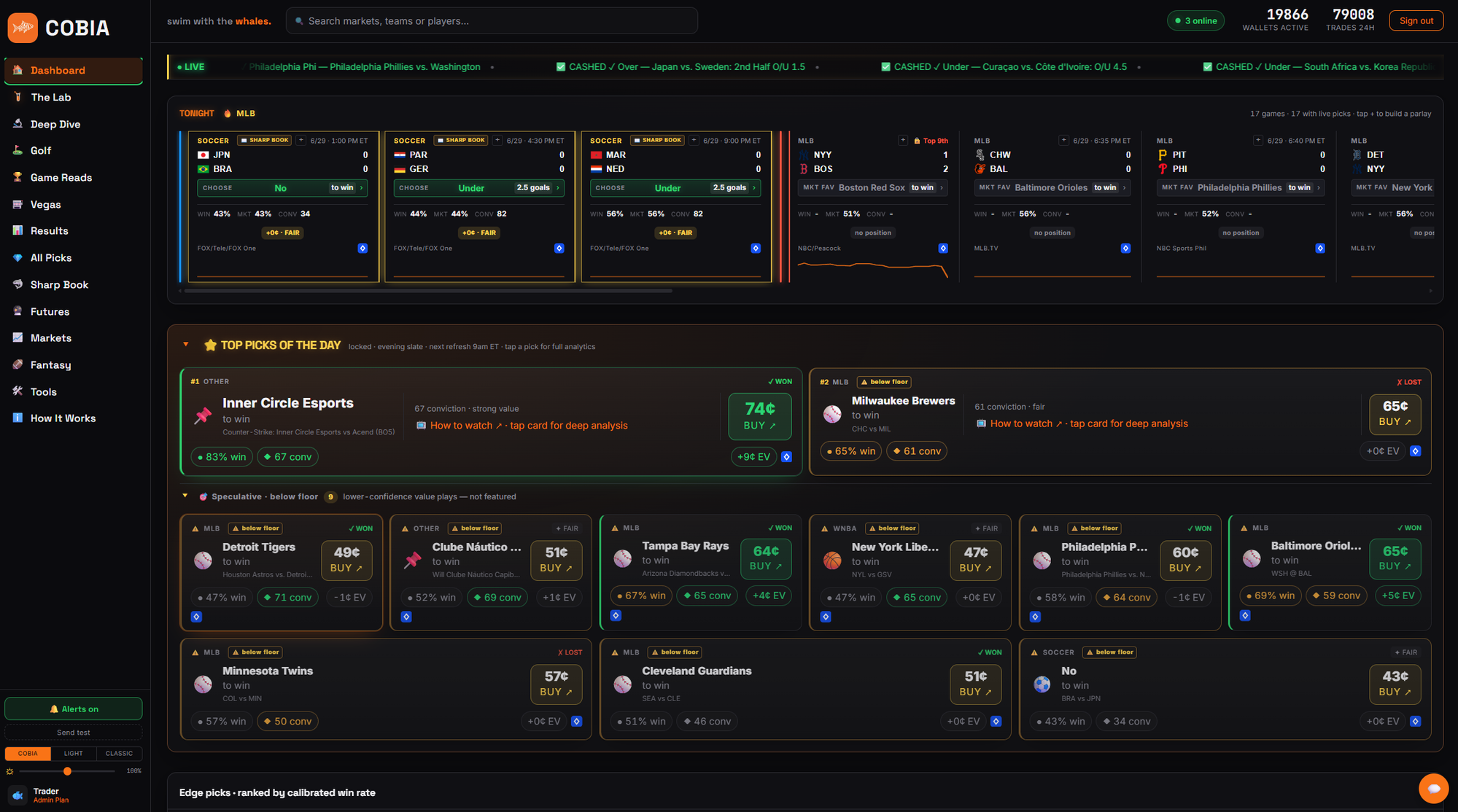 Cobia Picks dashboard — Tonight's Board with live scores and smart-money picks