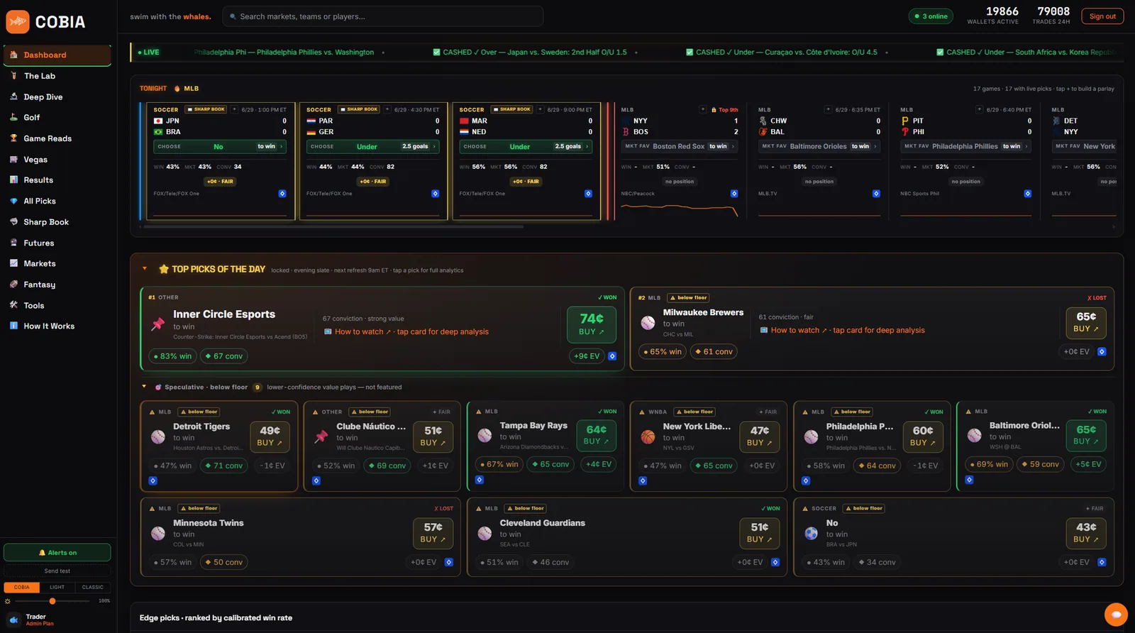 Cobia Picks dashboard — Tonight's Board with live scores and smart-money picks